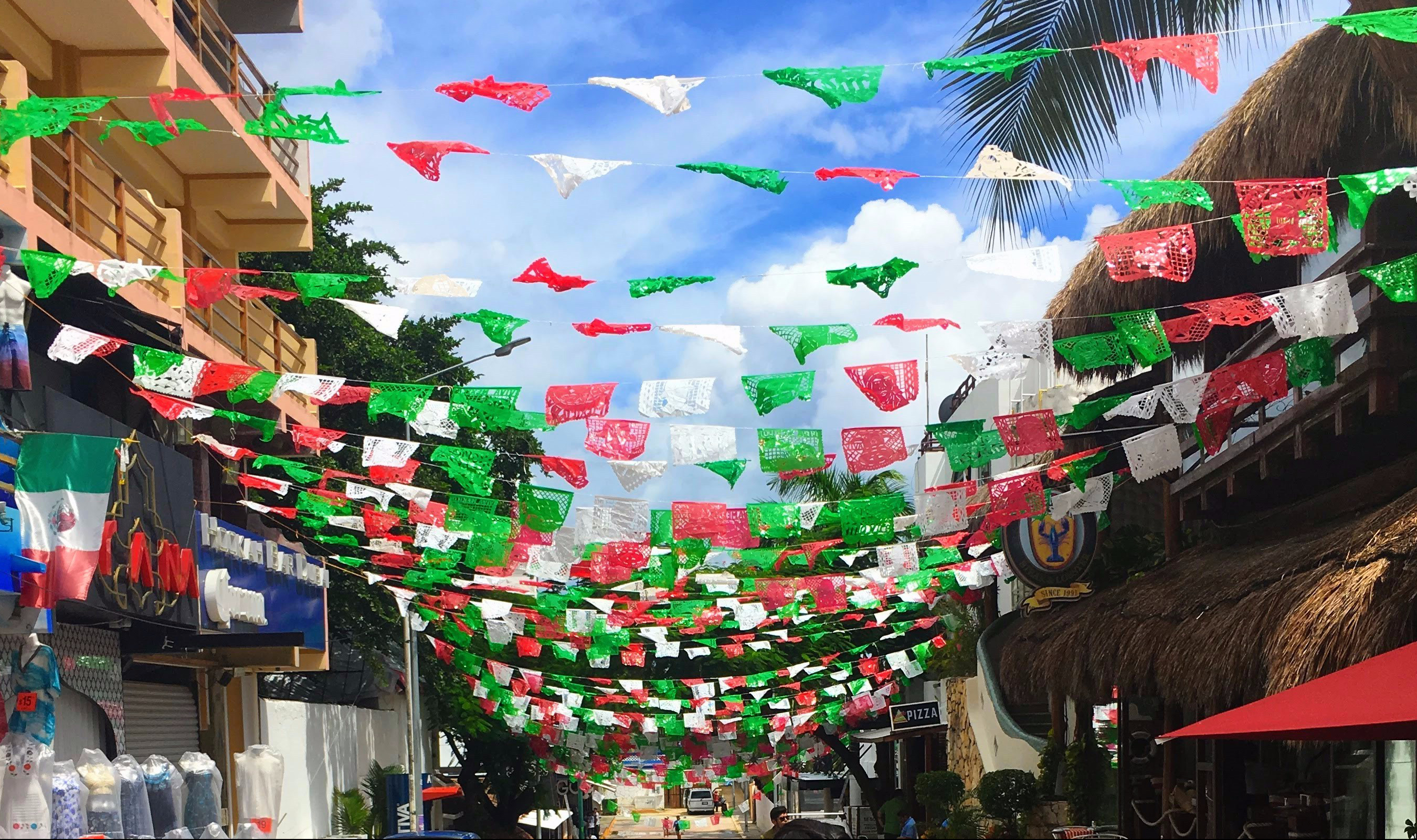 Palm tree street lined with Mexican flag colors white green and red banners and a Mexican flag on the side with blue sky.