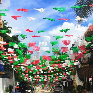 Palm tree street lined with Mexican flag colors white green and red banners and a Mexican flag on the side with blue sky.